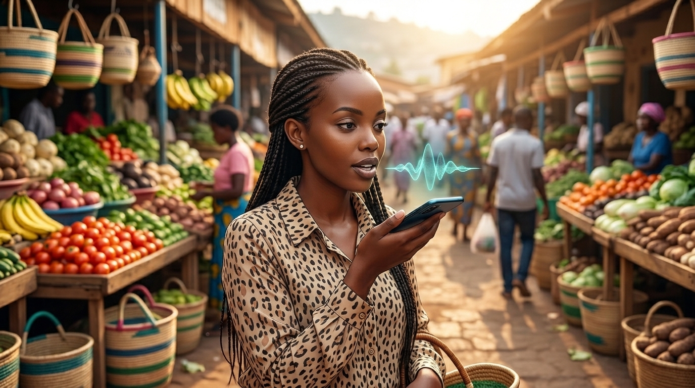 Person using voice search on a smartphone in Kigali