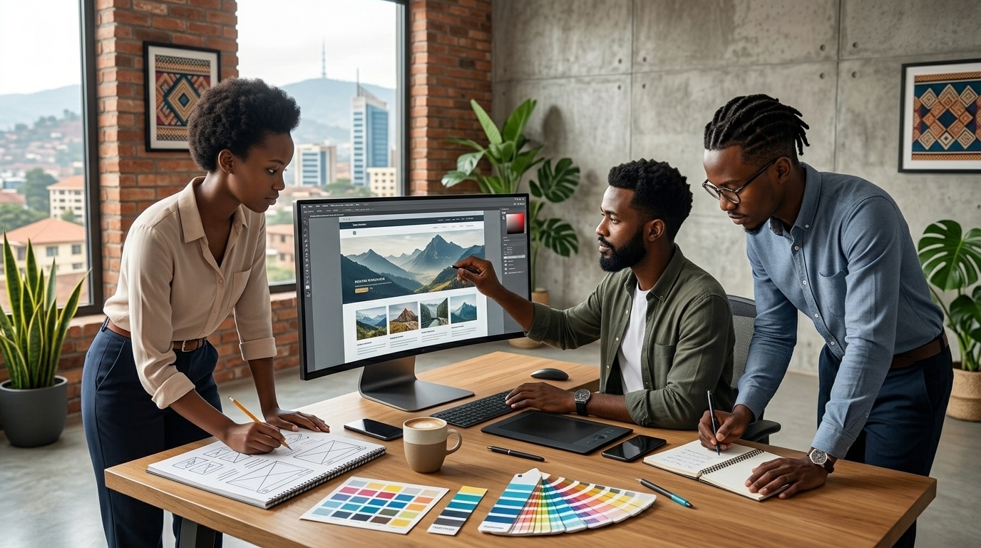 Professional web design team working on a website project in Kigali